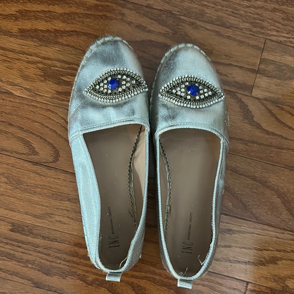 INC International Concepts Silver Espadrille Flats with Eye Detail